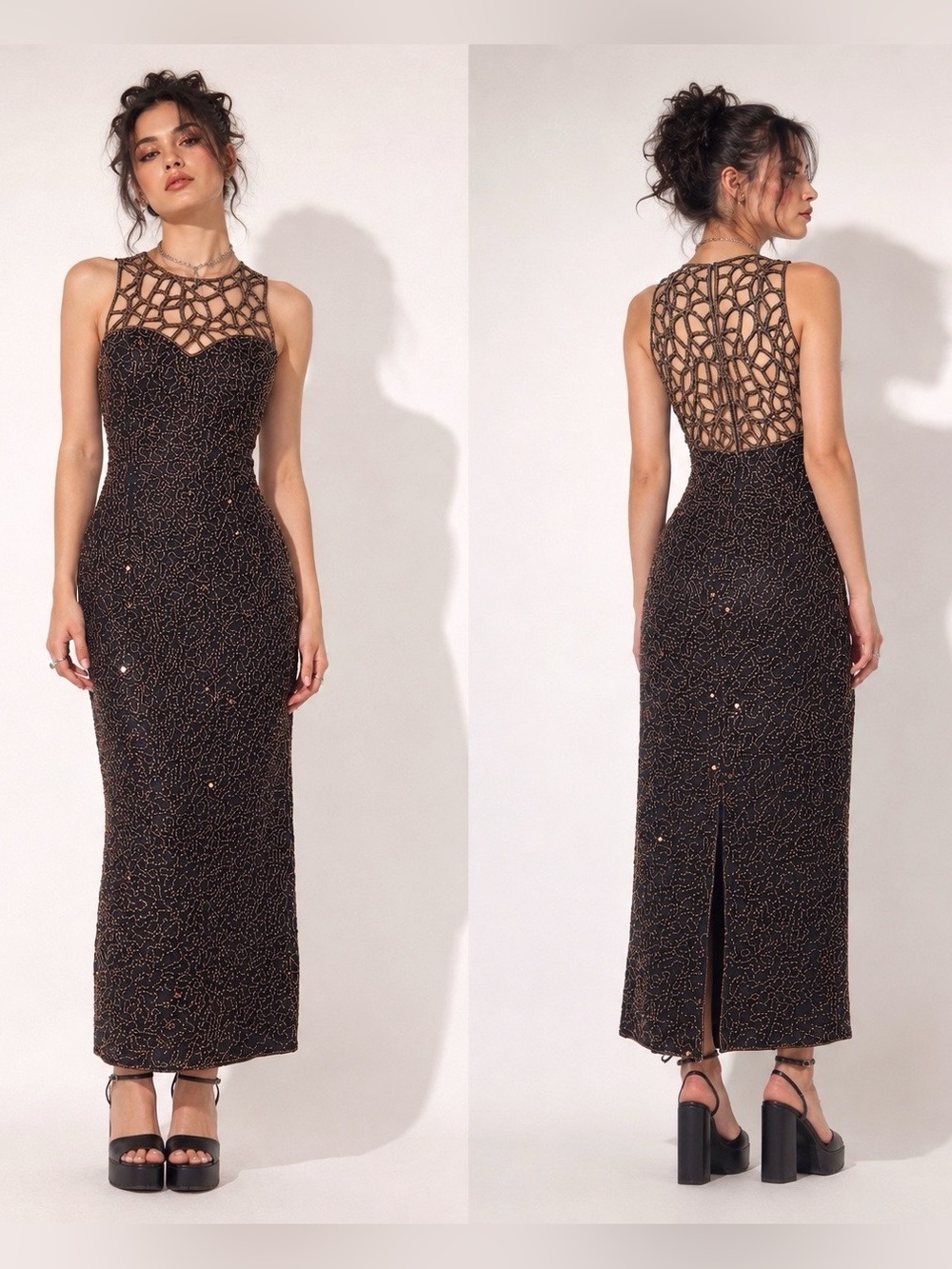 Vintage Scala Maxi Column Dress Medium Cutout Black Silk Beaded Formal Party Y2K